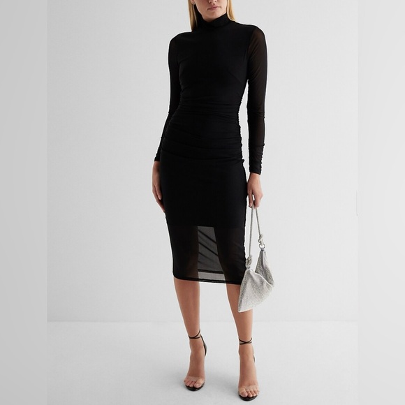 Express Mesh Mock Neck Long Sleeve Ruched Midi Dress - Picture 1 of 7